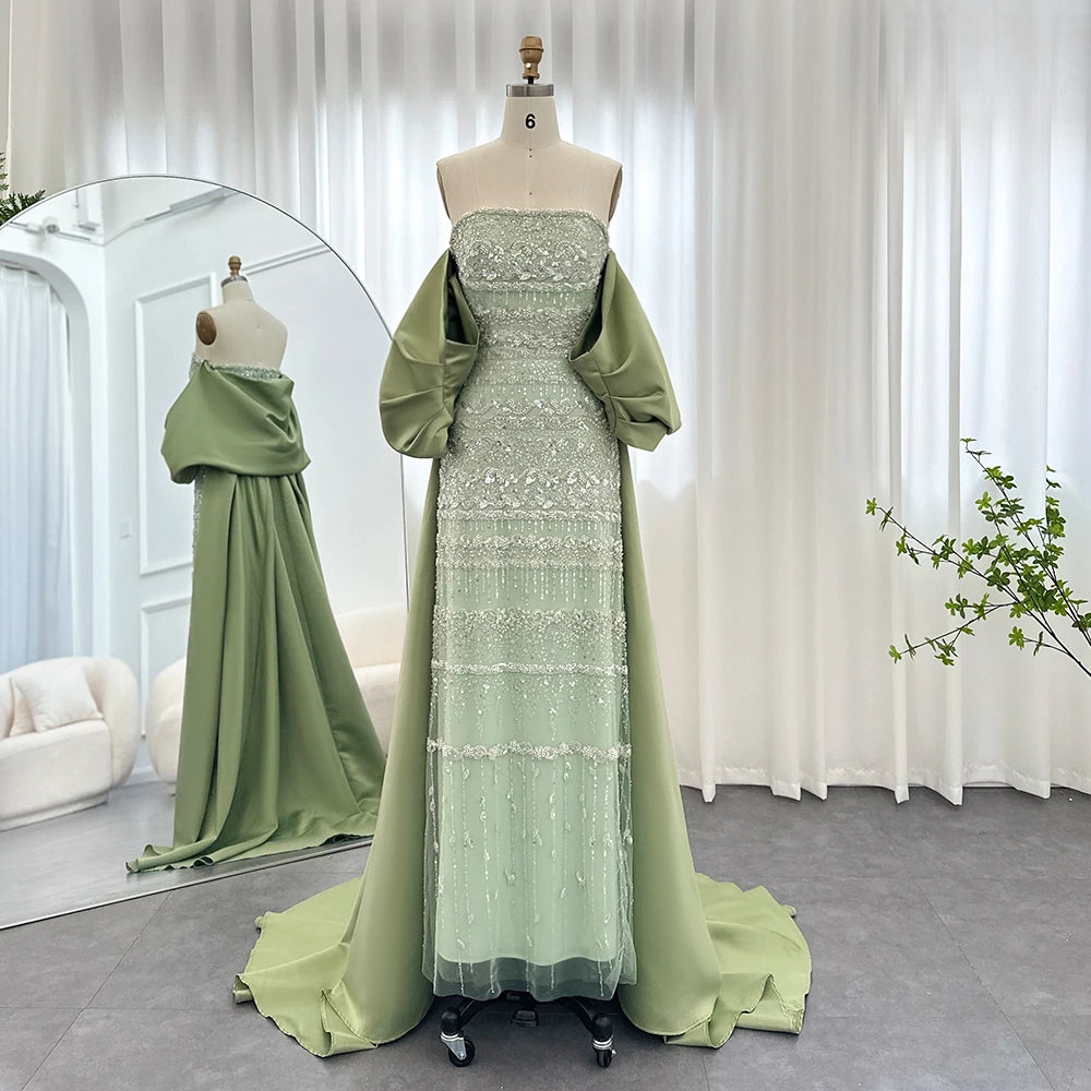 Sharon Said Luxury Dubai Sage Green Evening Dresses with Cape Blue Sky Lilac Elegant Women Wedding Party Gowns SS238 Customized