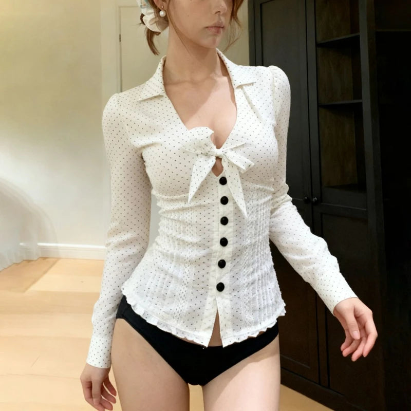 French Sexy Deep V Neck Polka Dot Shirt Women Sweet Spicy Long Sleeve Slim Bow Top New Design Fashion Single-breasted Clothing