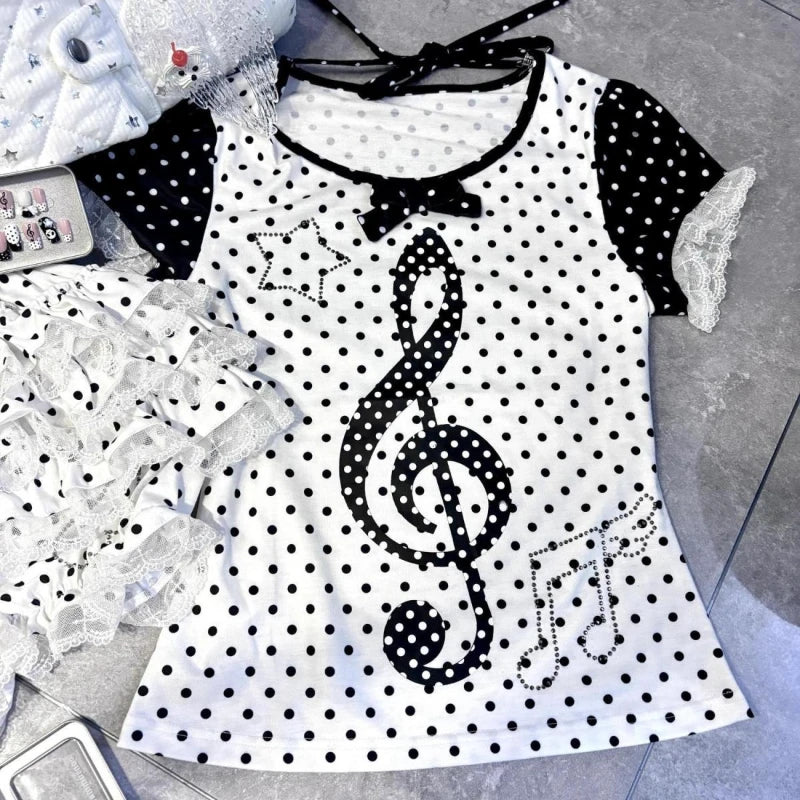 Japanese Mushroom Girl Fake Two Short Sleeve T-shirt Piano Polka Dot Print Tees Summer Y2k Subculture Hot Girl Casual Tops 2000s