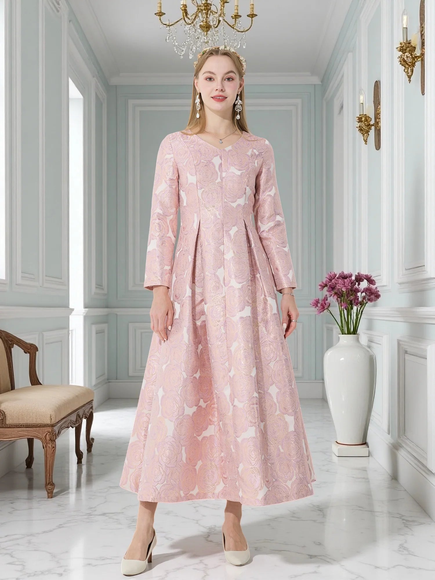 Elegant Women Long Maxi Jacquard Dress Party Fashion Floral Clothing  New Arrival Evening Vintage Ladies Ball Gown Vestido