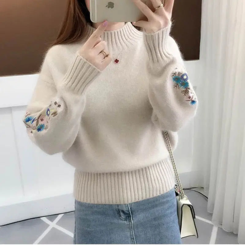 Autumn Winter New Fashion Women's Solid Color Half High Collar Embroidery Versatile Pullovers Sweaters Casual Long Sleeve Tops