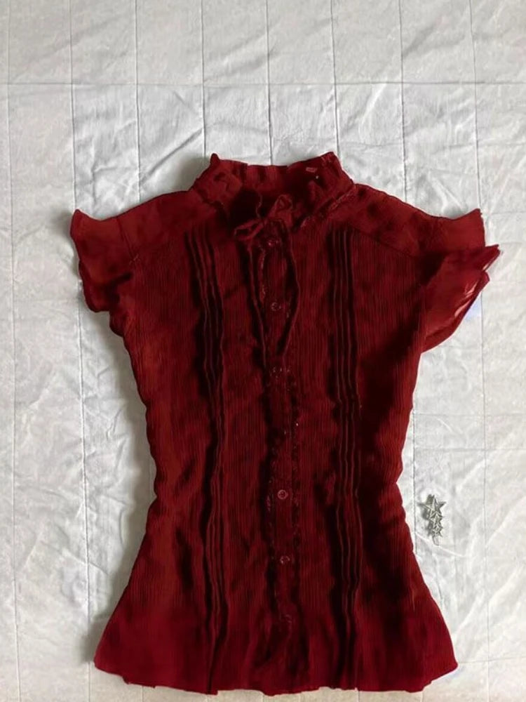 Women Vintage Ruffle Blouse Short Sleeve Shirt Elegant Slim Fit Korean Fashion Office Lady Tops Summer Chic Casual Sweet Style